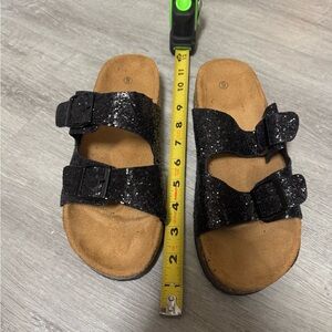 Women’s Black Glitter Double-Buckle Slide Sandals